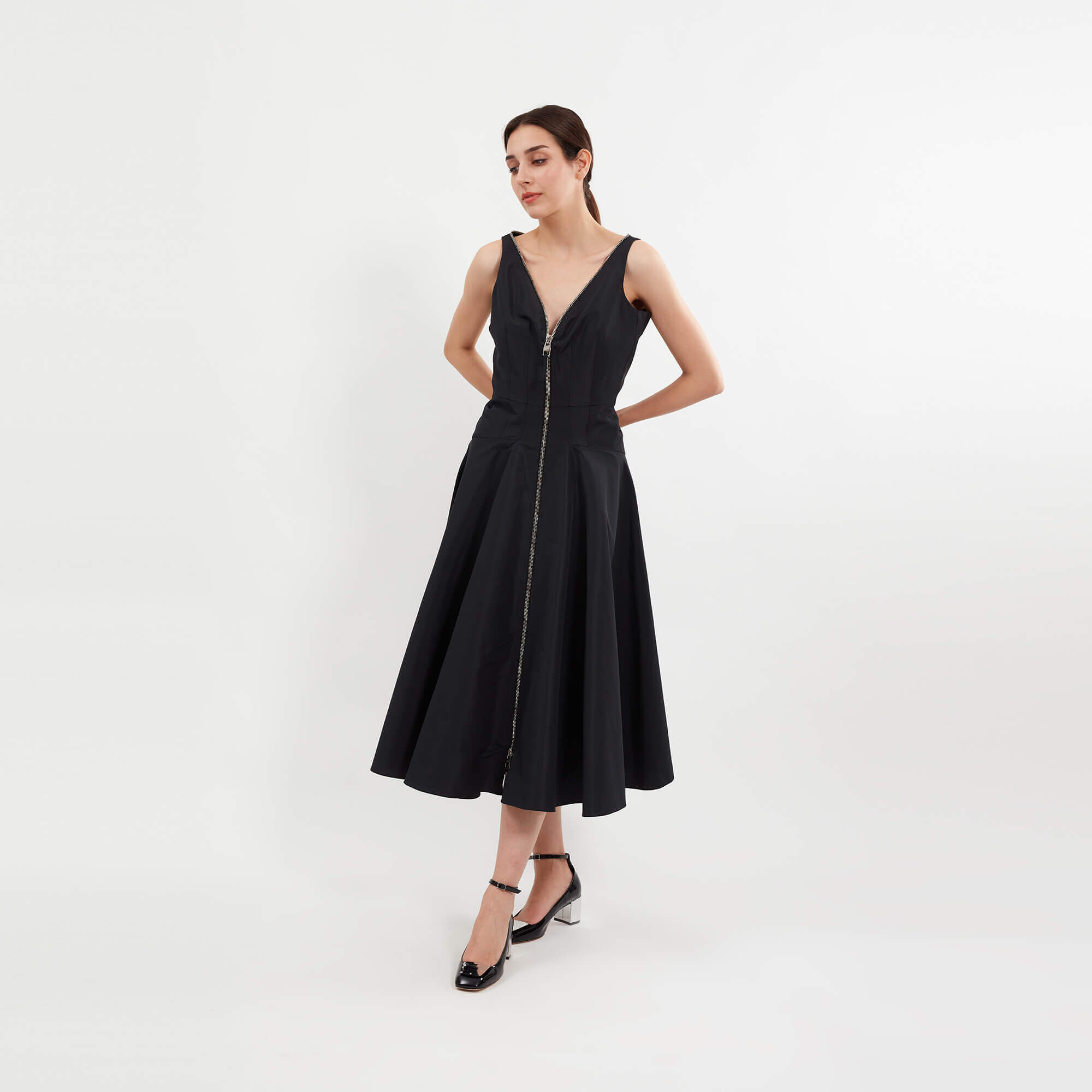 Alexander McQueen - Black Polyester Front Zip Parachute Midi Dress